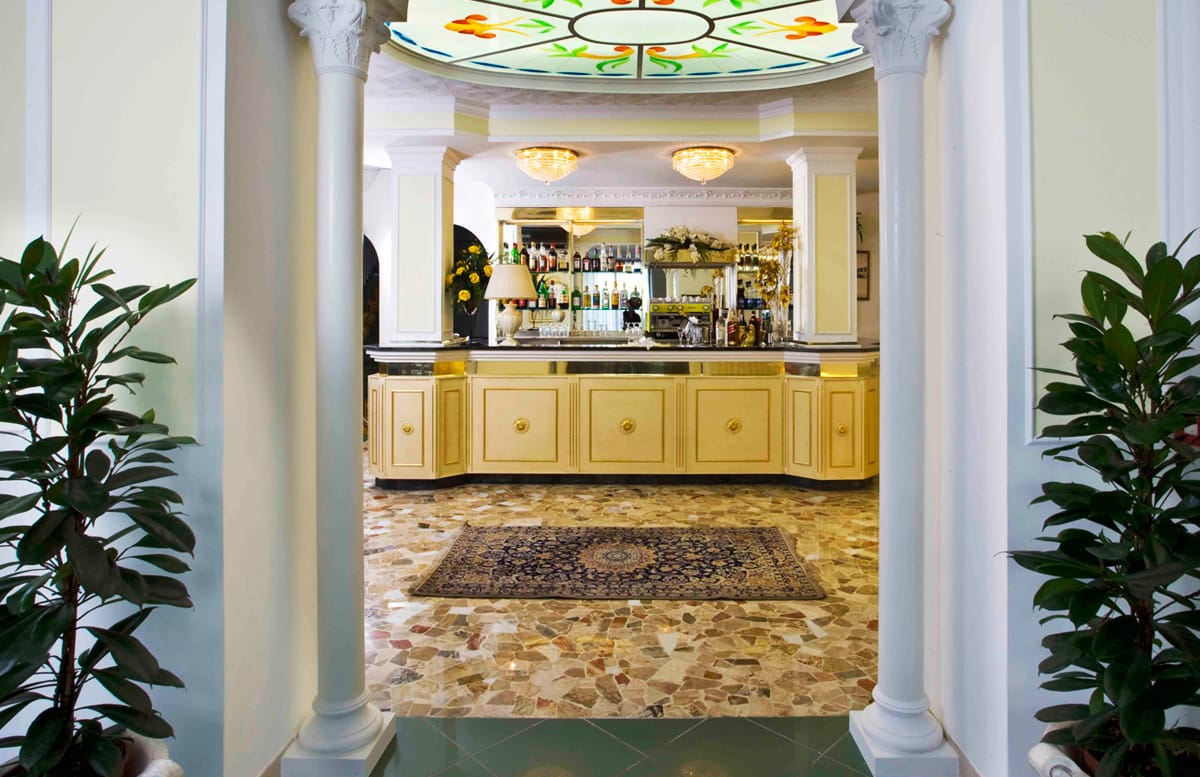 The hotel lobby, with its columns and glass windows
